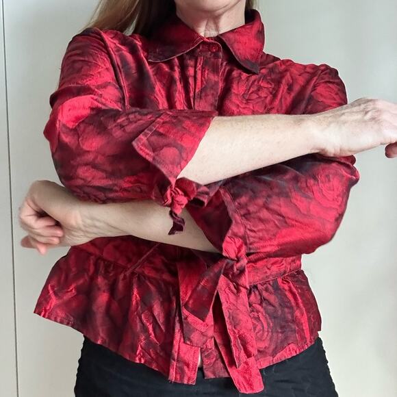 Vintage Womens Silk Blouse Floral Print Chili Red/Black 90s Designer Formal - Picture 8 of 11